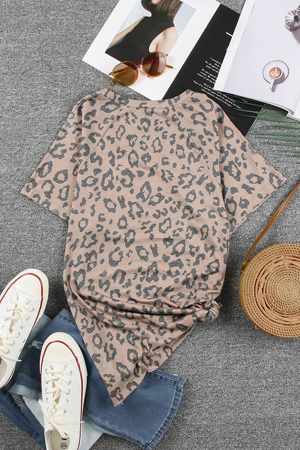 Brown V Neck Front Pocket Leopard Tee