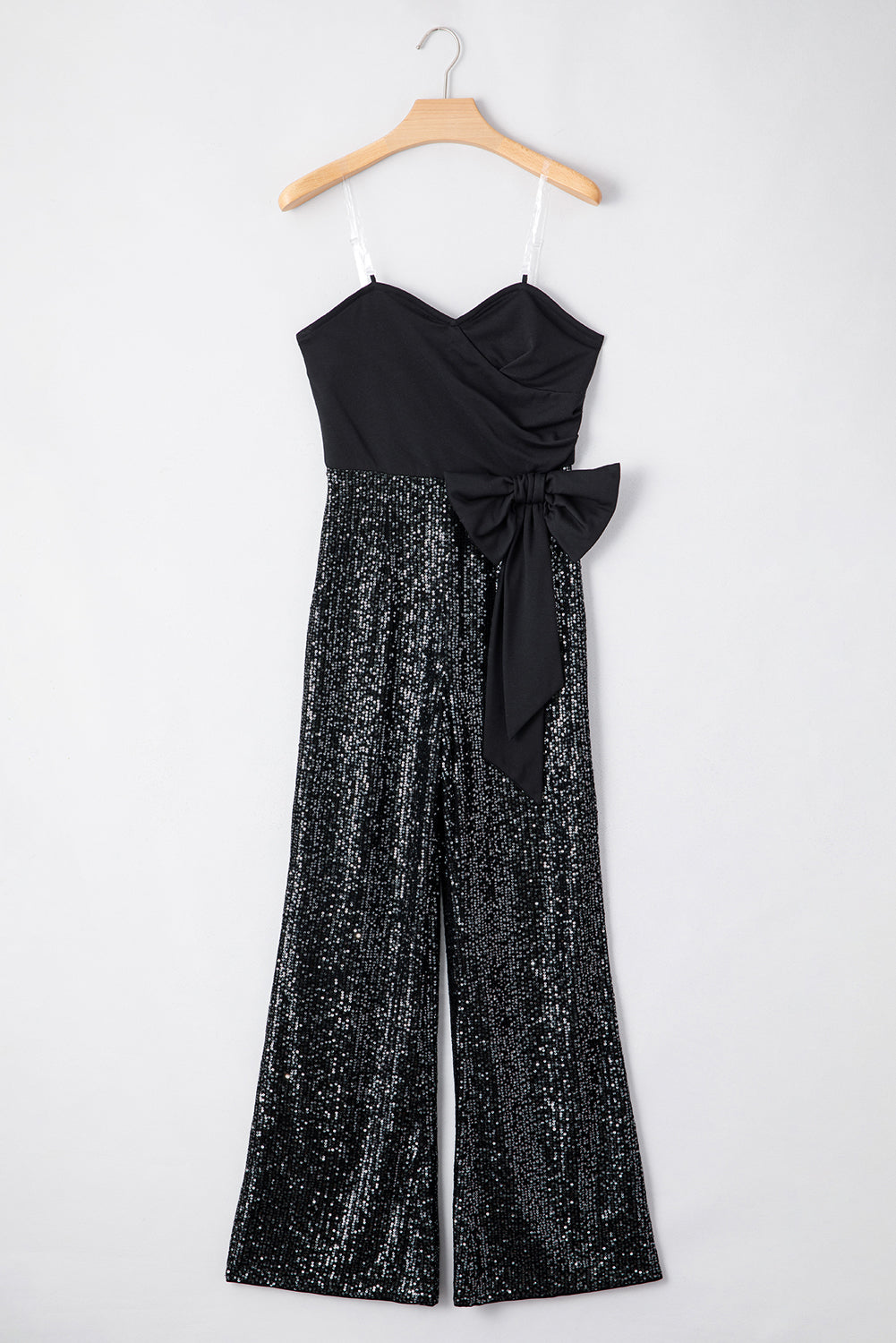 Black Sequined Tube Top Waist Knot Wide Leg Jumpsuit