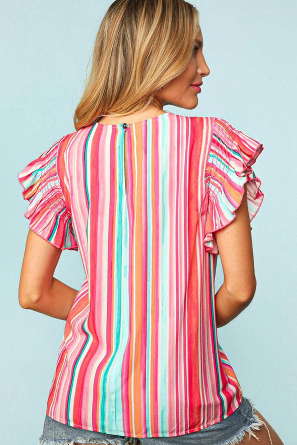 Stripe Abstract Print Stitching Ruffle Sleeve Blouse