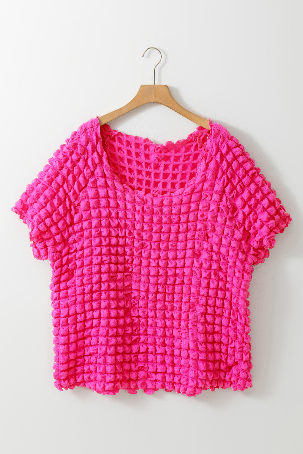 Strawberry Pink Bubble Textured Square Neck Short Sleeve Plus Size Top