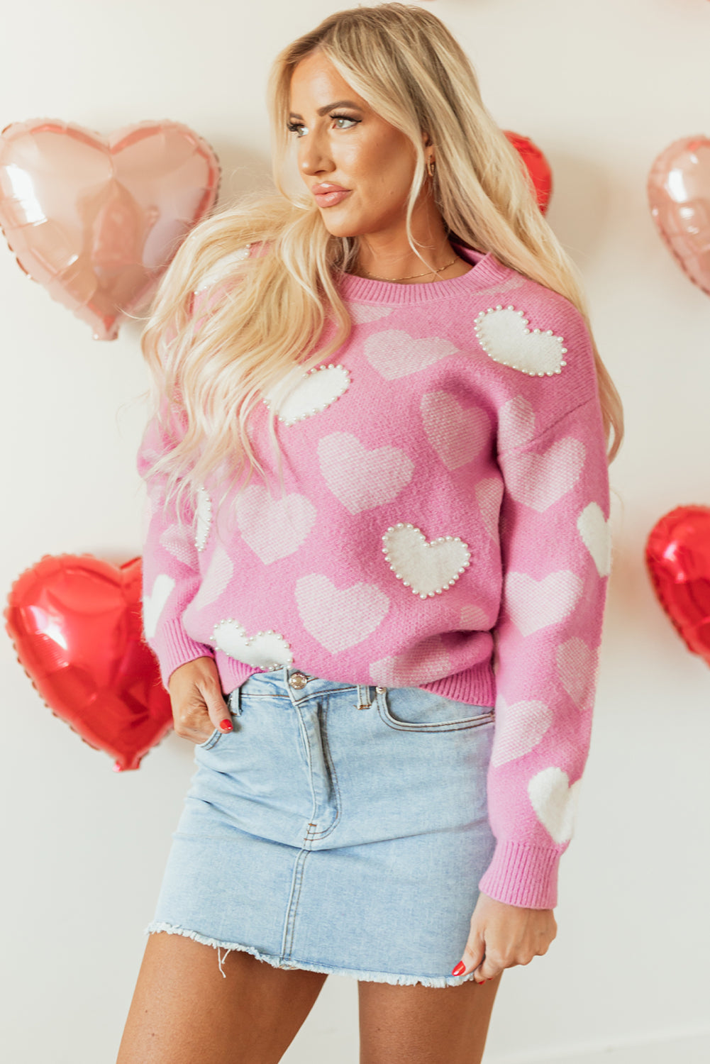 Pink Pearled Heart Print Valentines Crew Neck Sweater