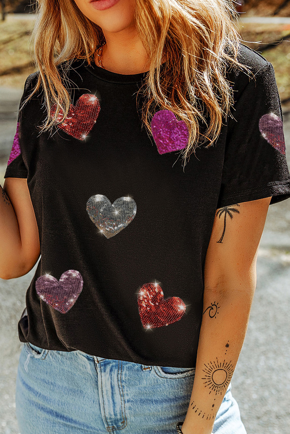 Black Sequin Heart Patched Pattern Crewneck Valentines Tee