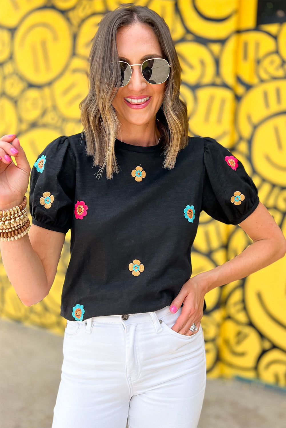 White Embroidered Flower Short Puff Sleeve Tee