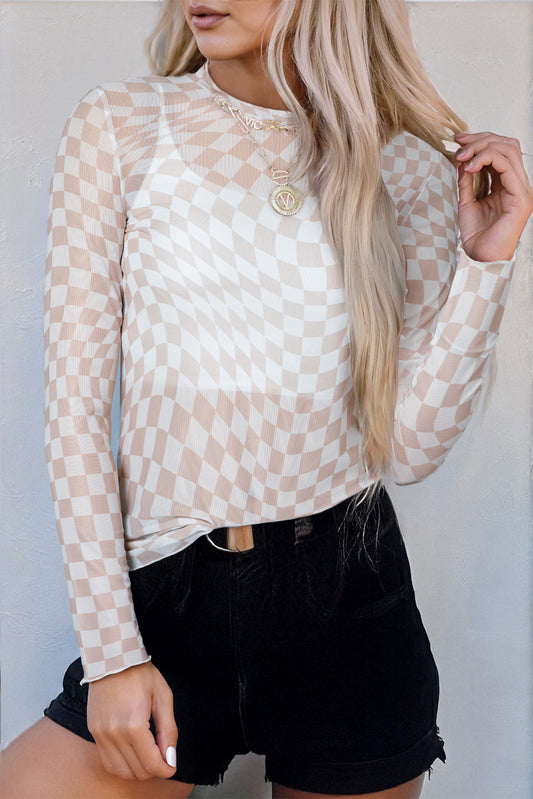 Khaki Checkered Pattern Mesh Mock Neck Long Sleeve Top