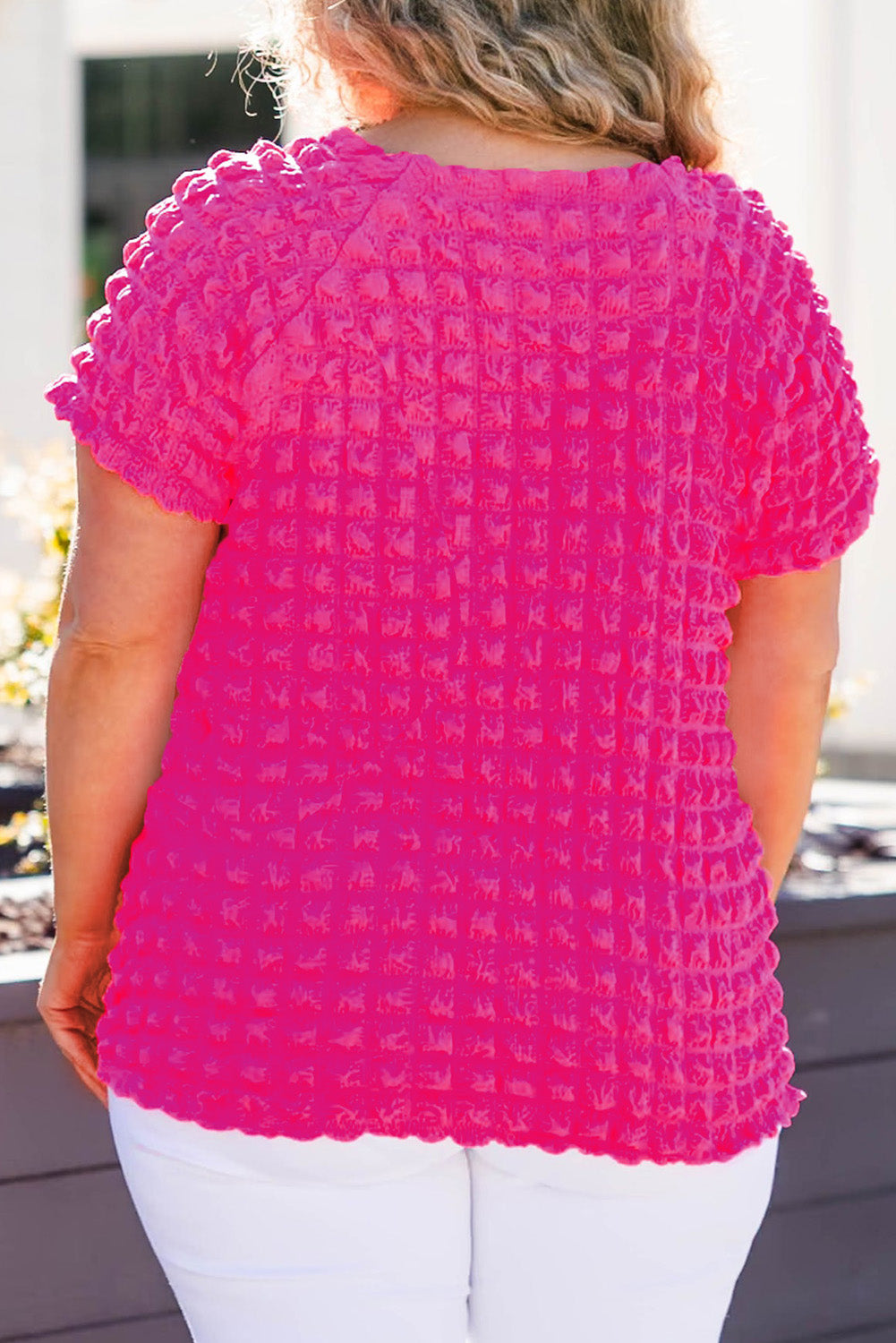 Strawberry Pink Bubble Textured Square Neck Short Sleeve Plus Size Top