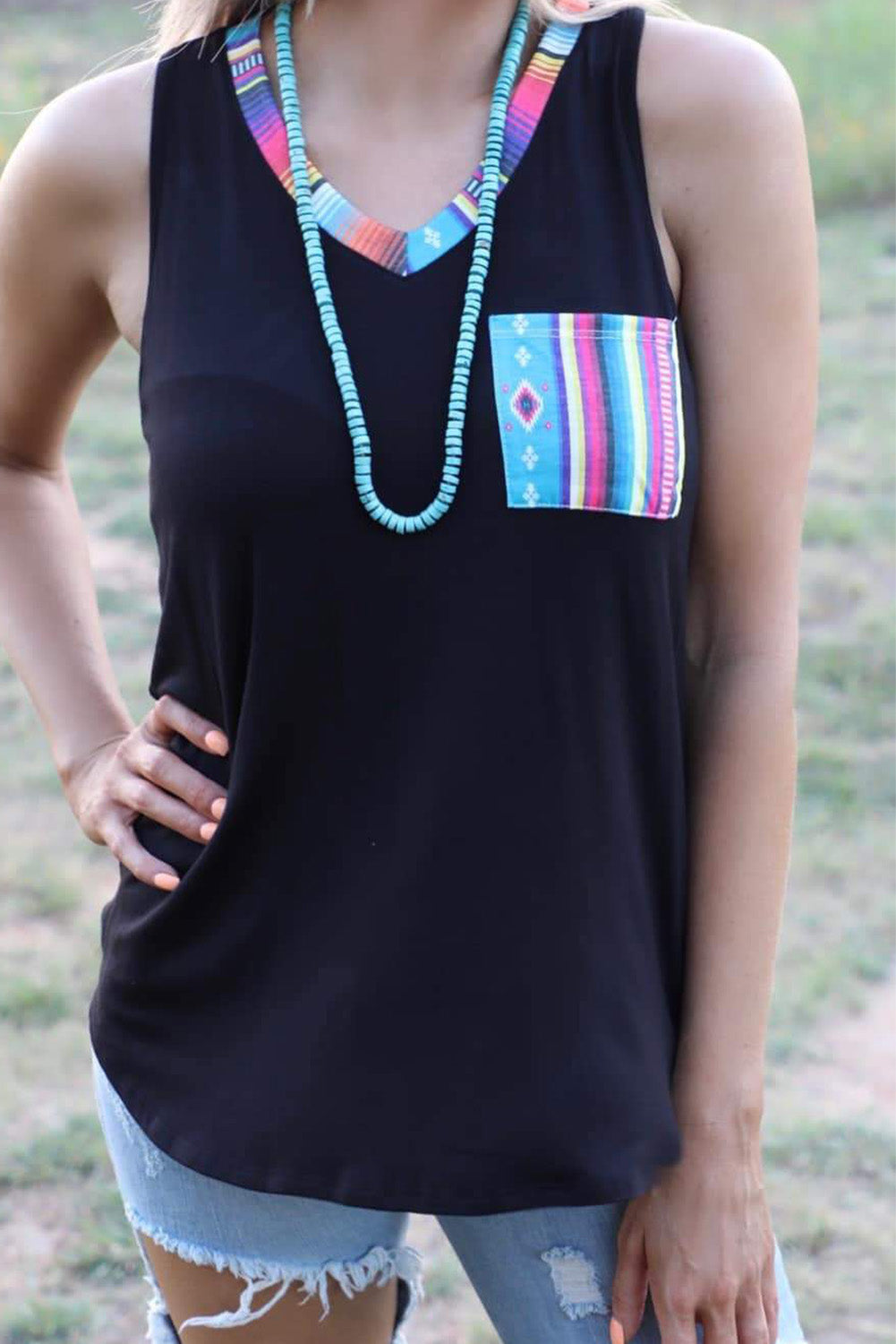 Tribal Patchwork V-neck Tank Top