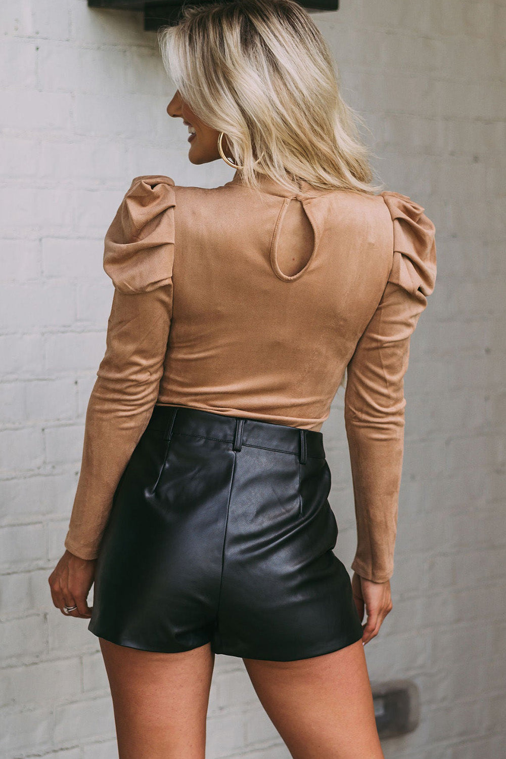 Brown Puff Sleeve Suede Bodysuit