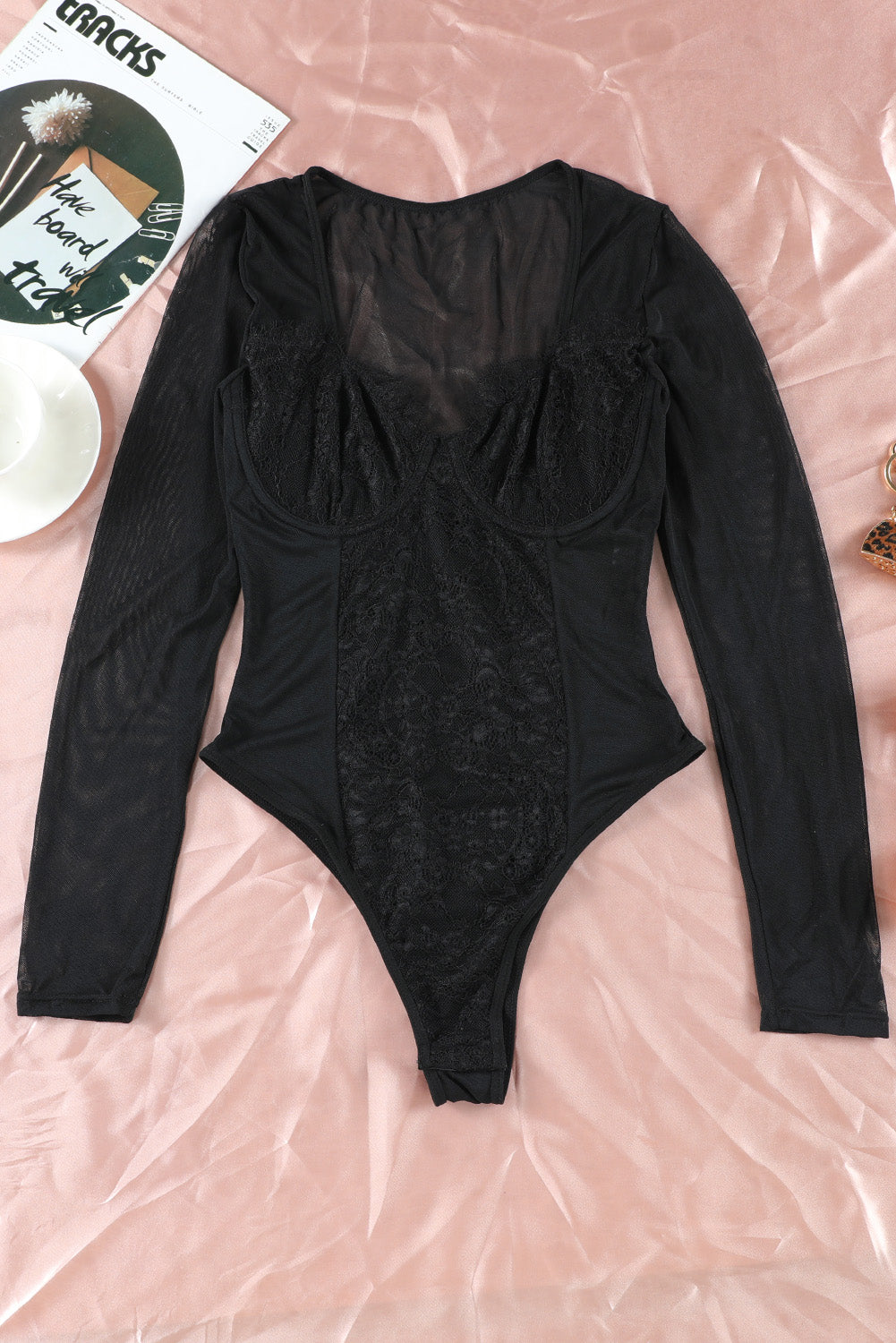 Black Lace Contrast V Neck Long Sleeve Bodysuit