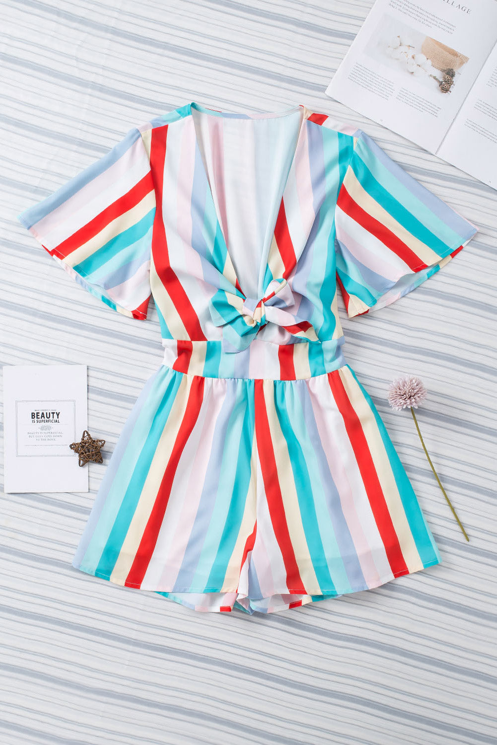 Multicolor Stripe Print Tie V Neck Flowy Romper