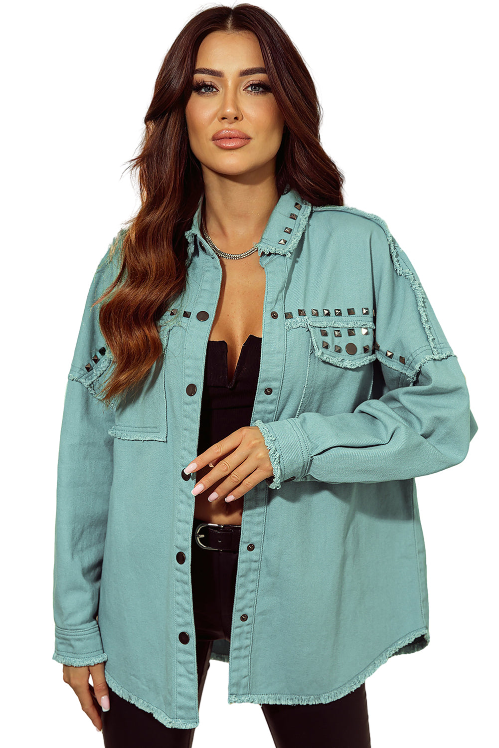 Mist Green Frayed Trim Riveted Denim Jacket