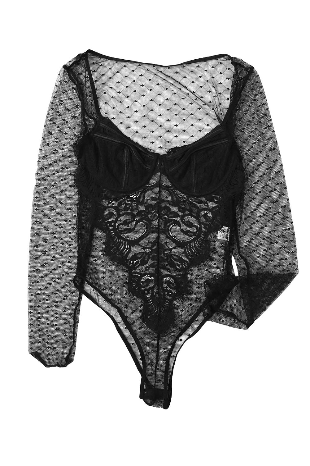 Black Long Sleeve Mesh Lace Bralette Bodysuit