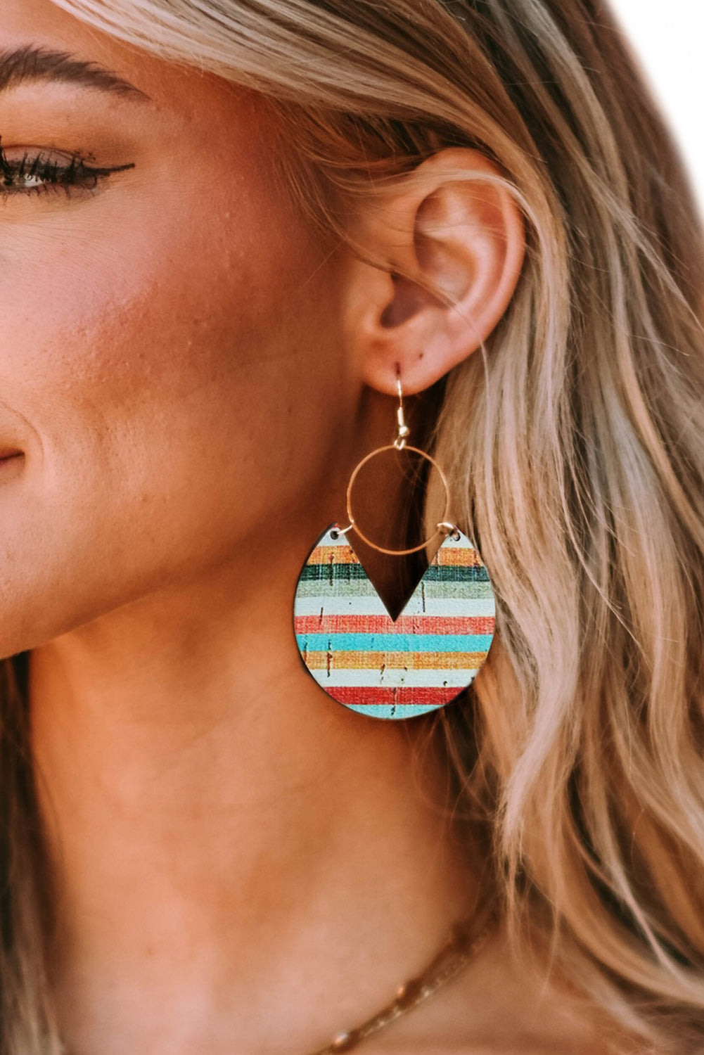 Multicolor Rainbow Stripe Pattern Notch Round Wooden Pendant Earrings