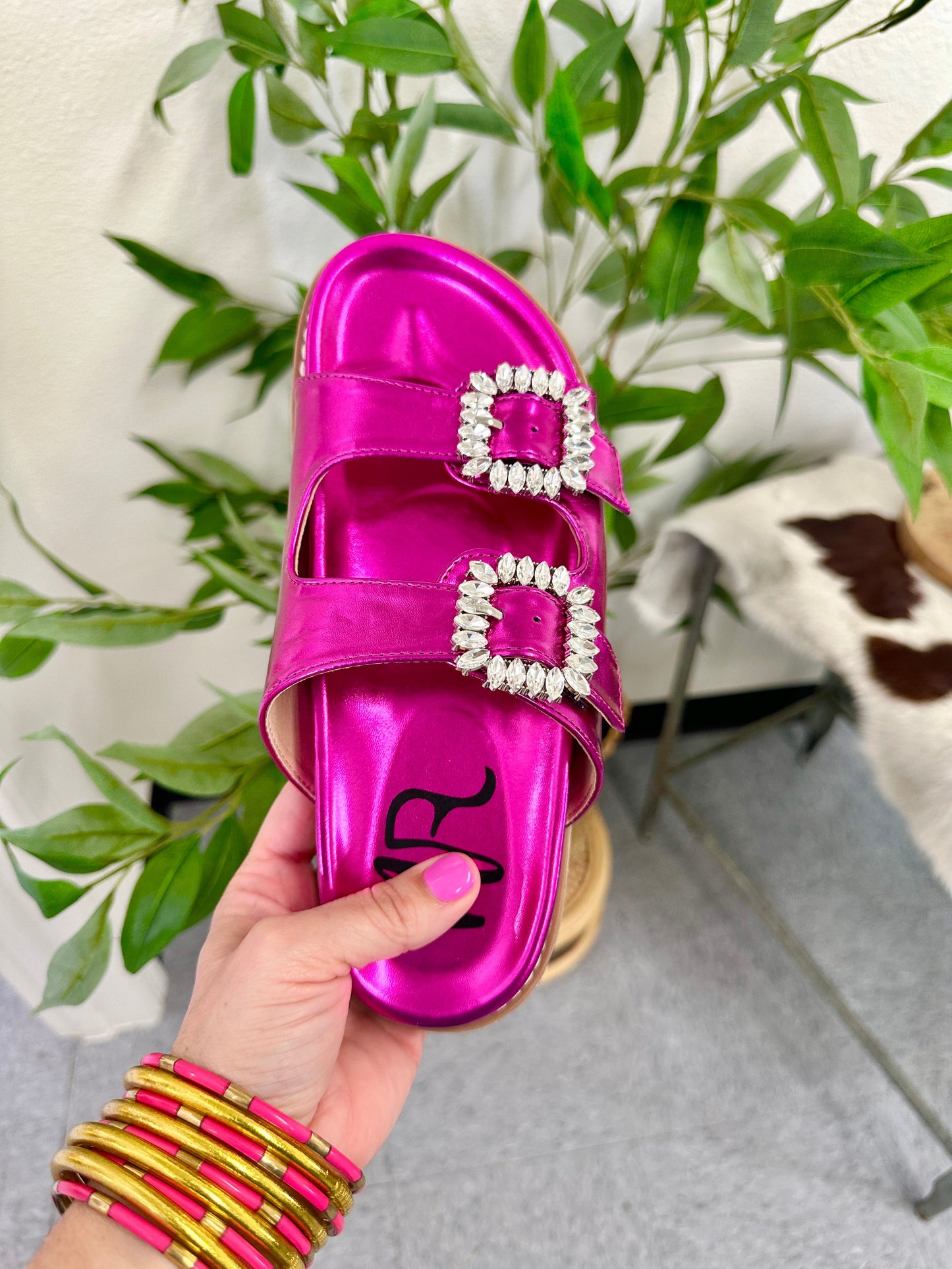 Stellar Rhinestone Buckle Slides in Fuschia