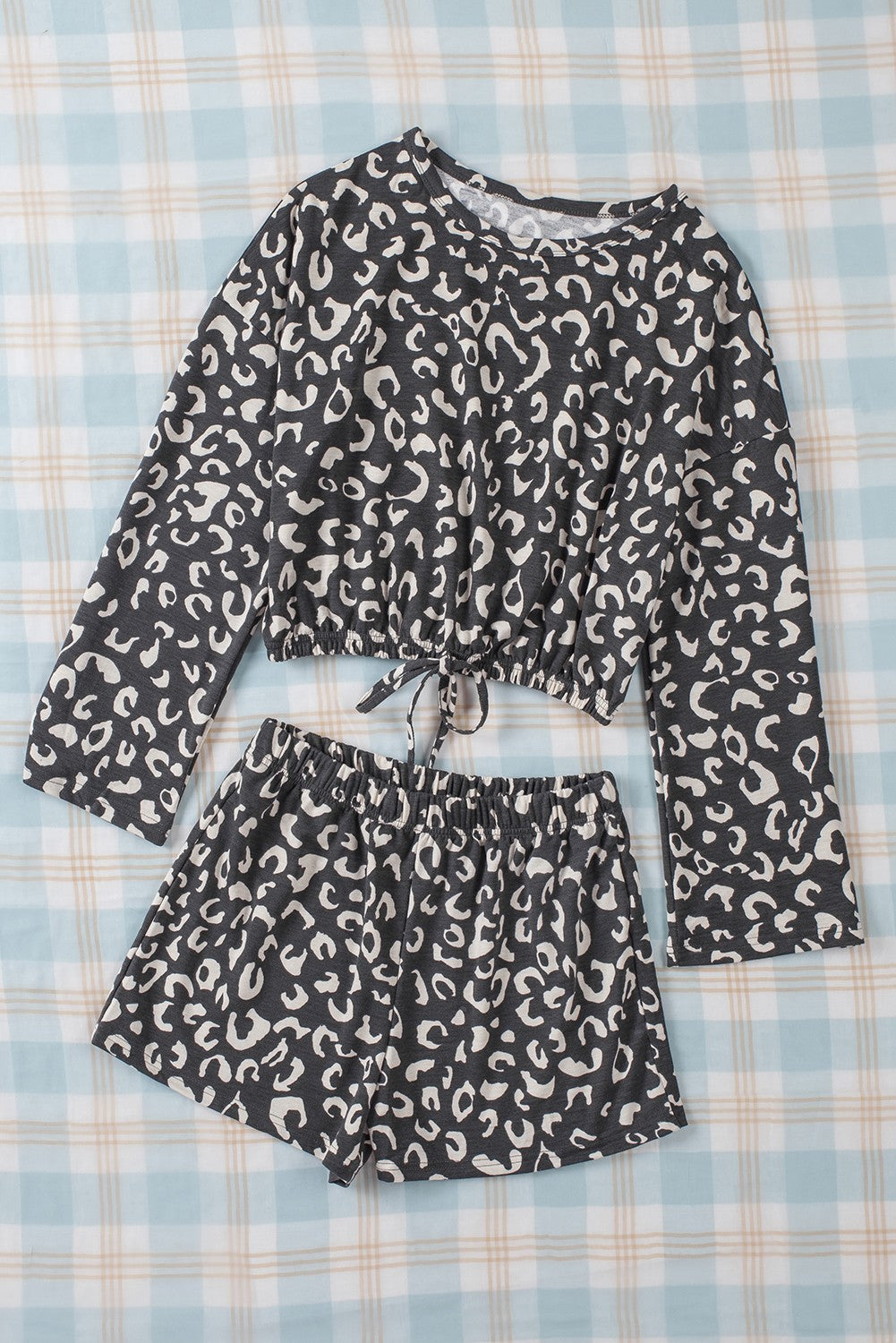 Gray Animal Print Long Sleeves Pullover and Shorts Lounge Set