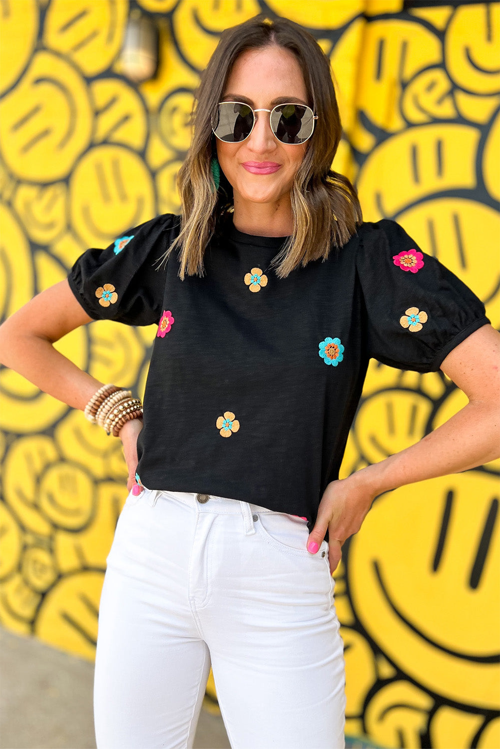 White Embroidered Flower Short Puff Sleeve Tee