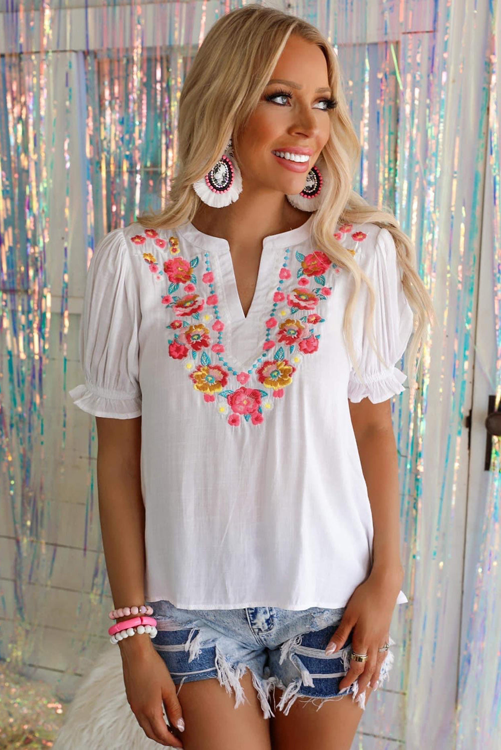 White Floral Embroidered Ruffled Puff Sleeve Blouse