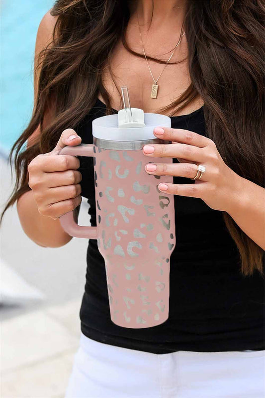 Pink Leopard Print 40oz Stainless Steel Portable Cup with Handle