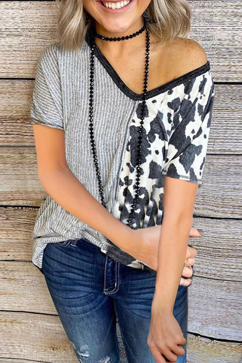 Gray Stripes & Cow Print Contrast V Neck Tee