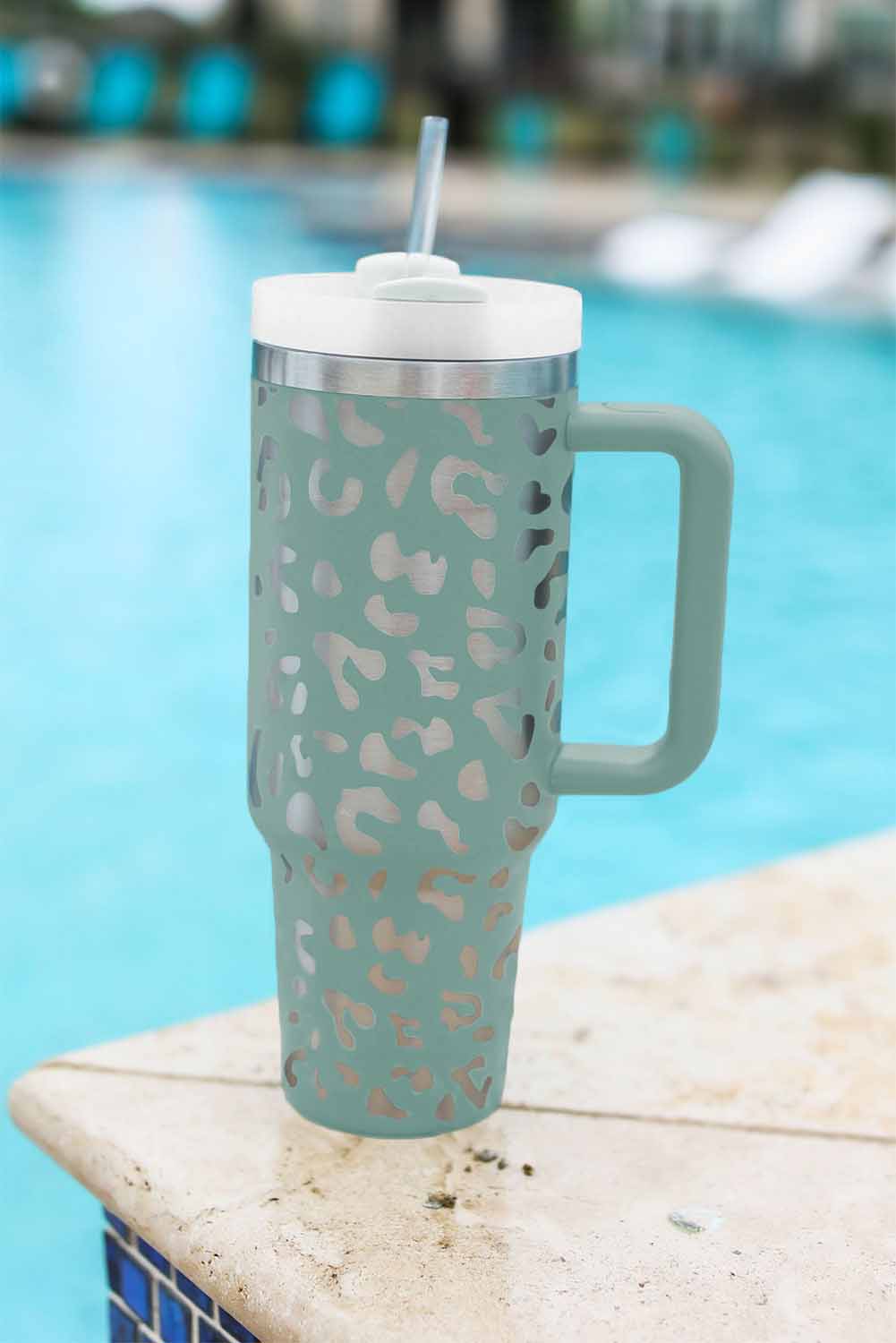 Green Leopard Print 40oz Stainless Steel Portable Cup with Handle