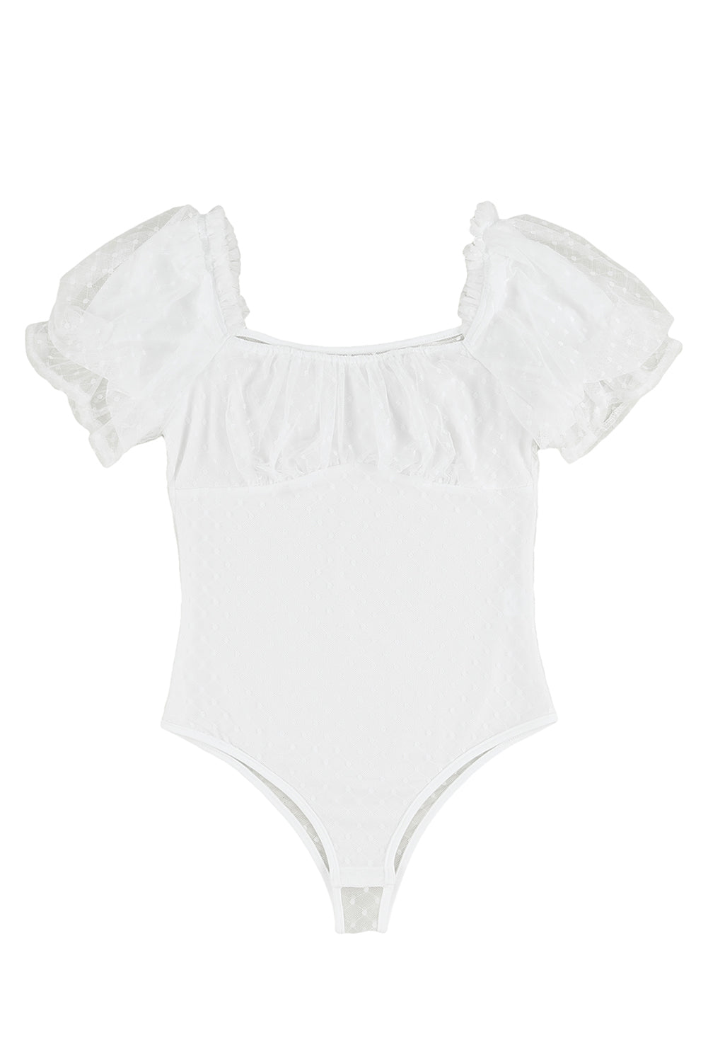 White Polka Dot Mesh See-through Ruffled Square Neck Bodysuit