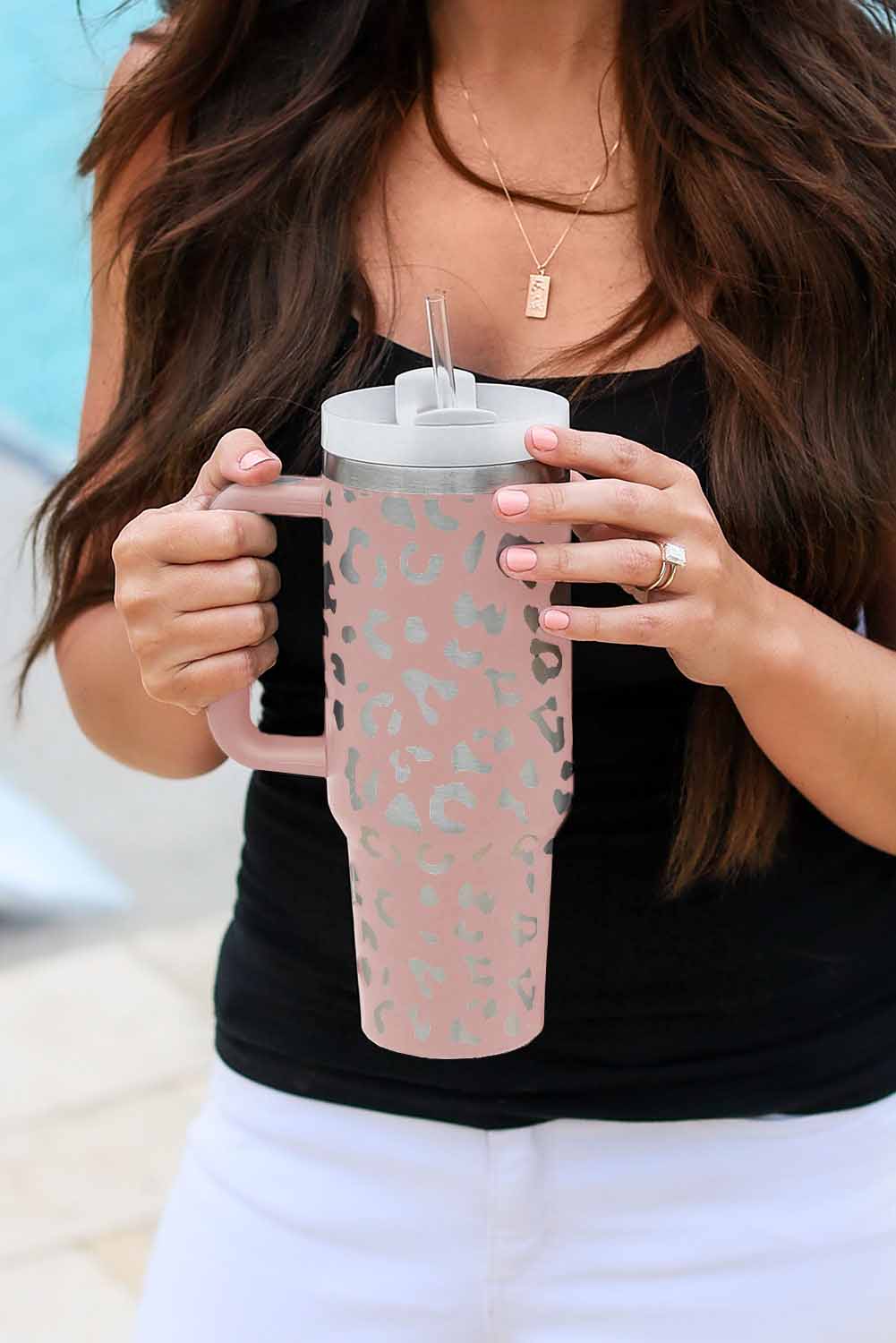 Pink Leopard Print 40oz Stainless Steel Portable Cup with Handle