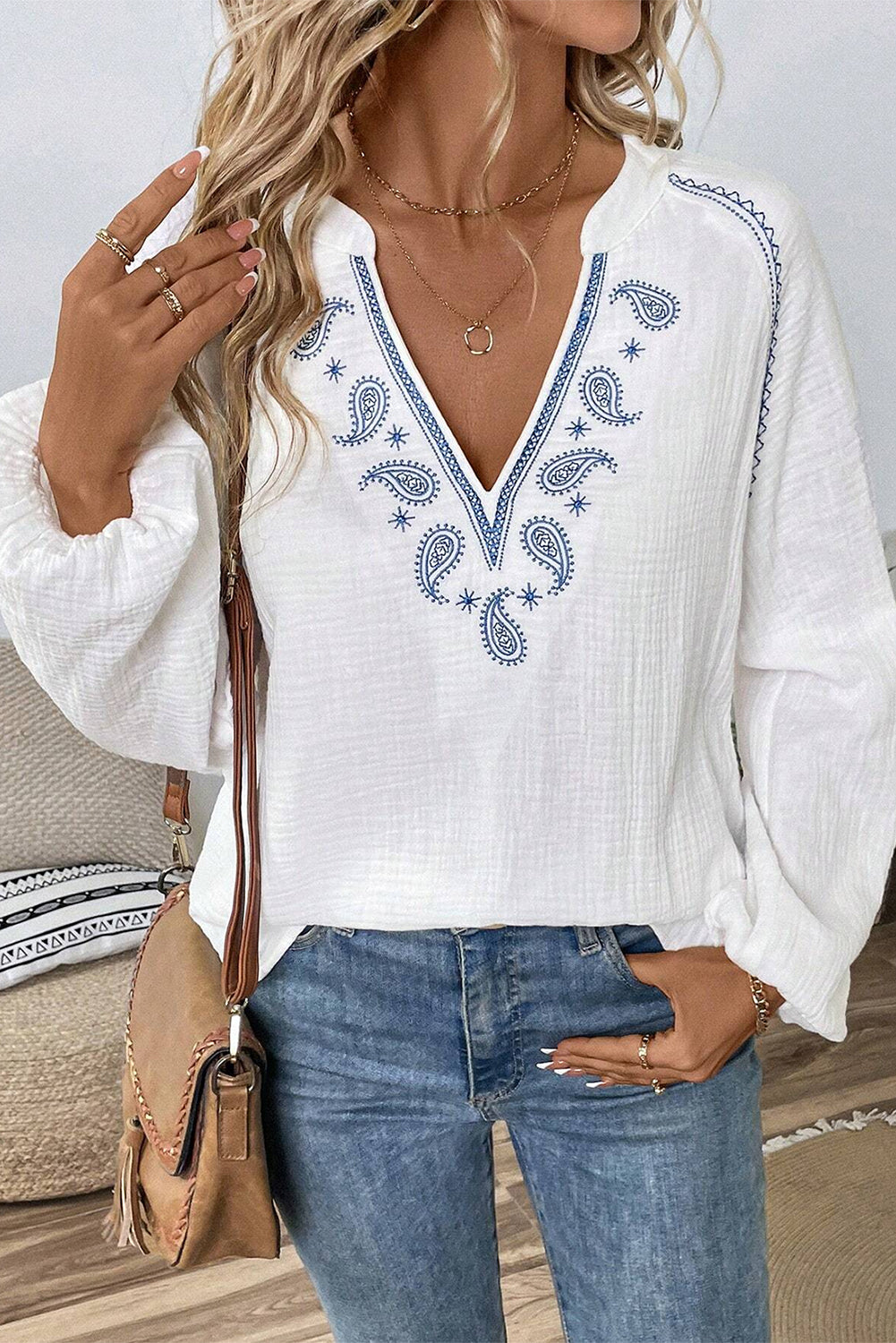 White Paisley Embroidered Textured Split Neck Long Puff Sleeve Blouse