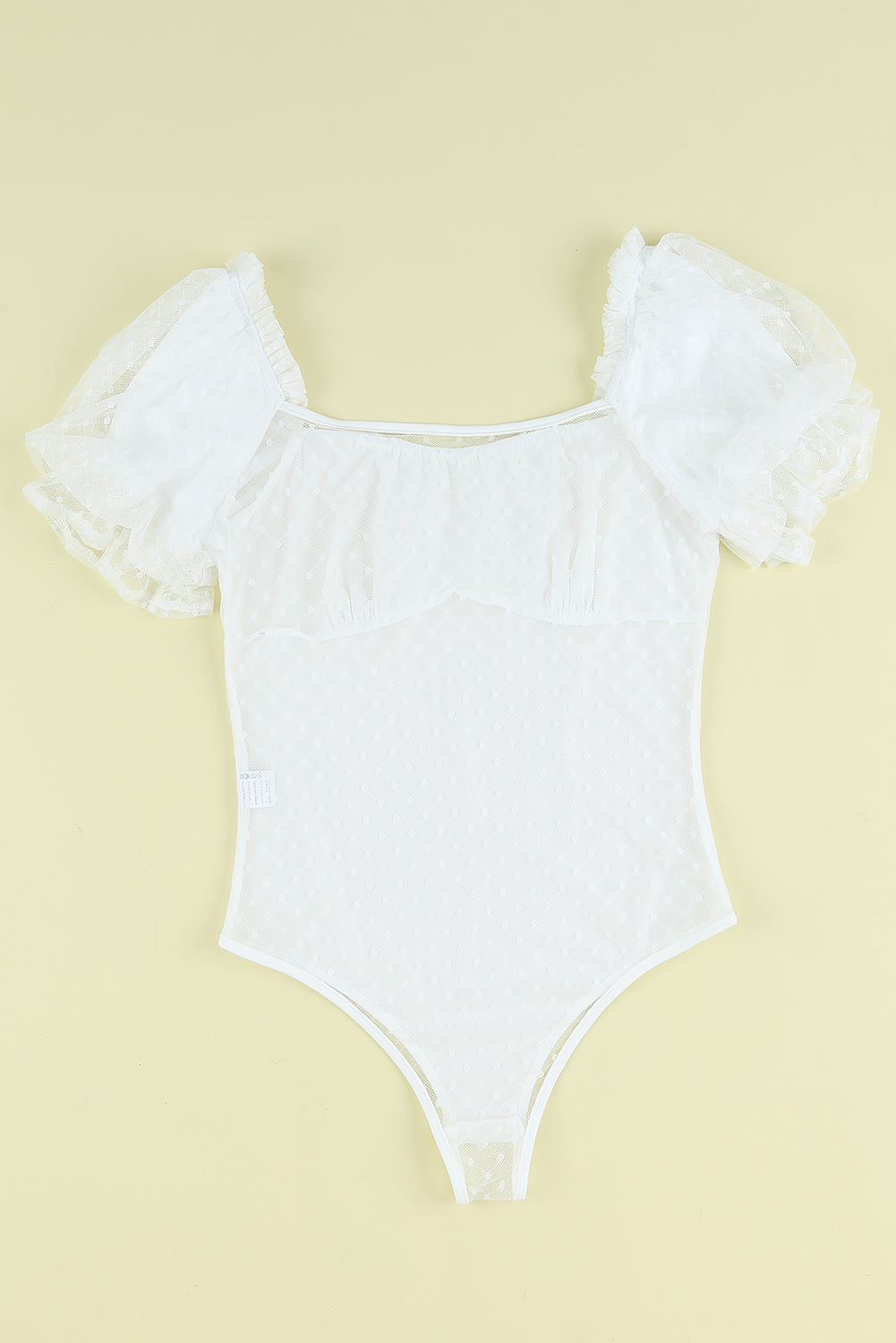 White Polka Dot Mesh See-through Ruffled Square Neck Bodysuit