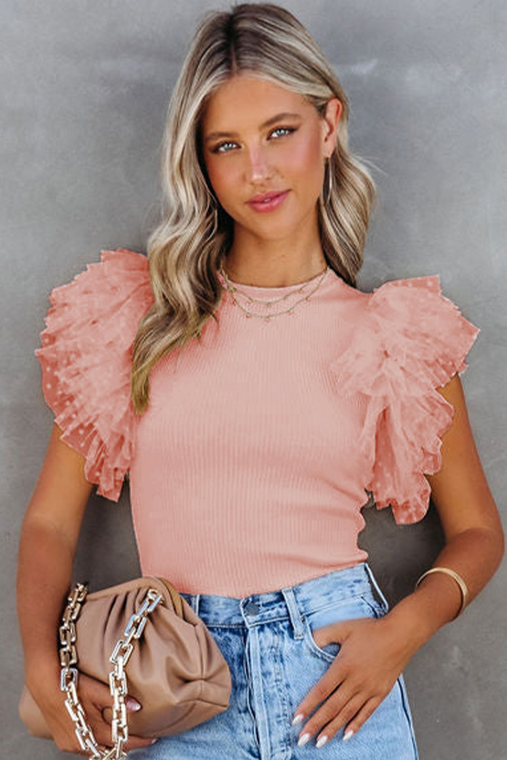 Pink Dotty Mesh Ruffle Sleeve Ribbed Knit Top