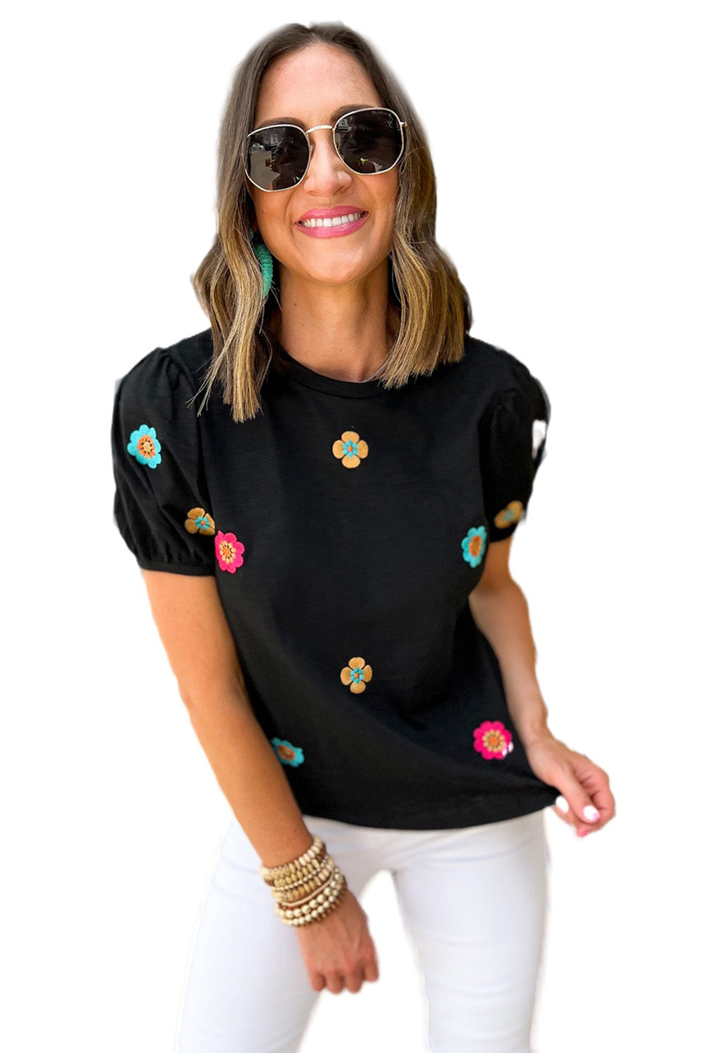 White Embroidered Flower Short Puff Sleeve Tee