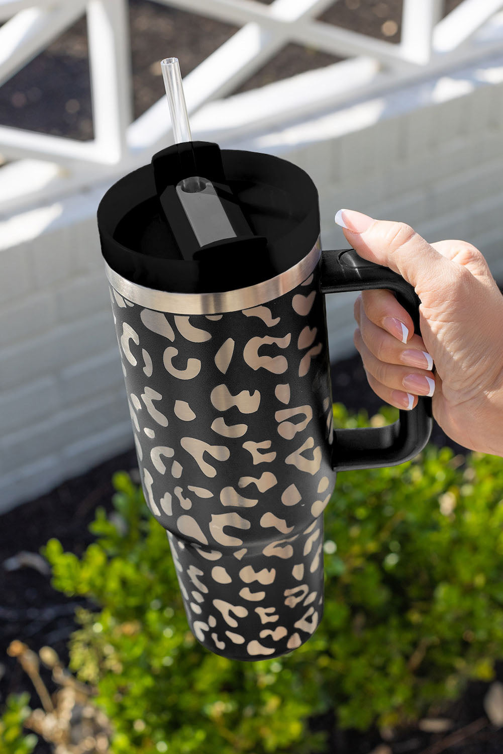 Green Leopard Print 40oz Stainless Steel Portable Cup with Handle