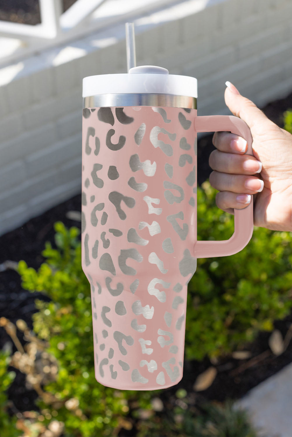 Pink Leopard Print 40oz Stainless Steel Portable Cup with Handle