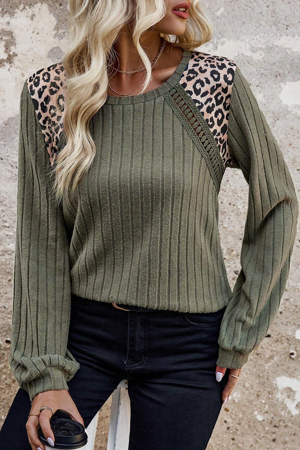 Moss Green Leopard Print Crochet Patchwork Rib Textured Knit Top