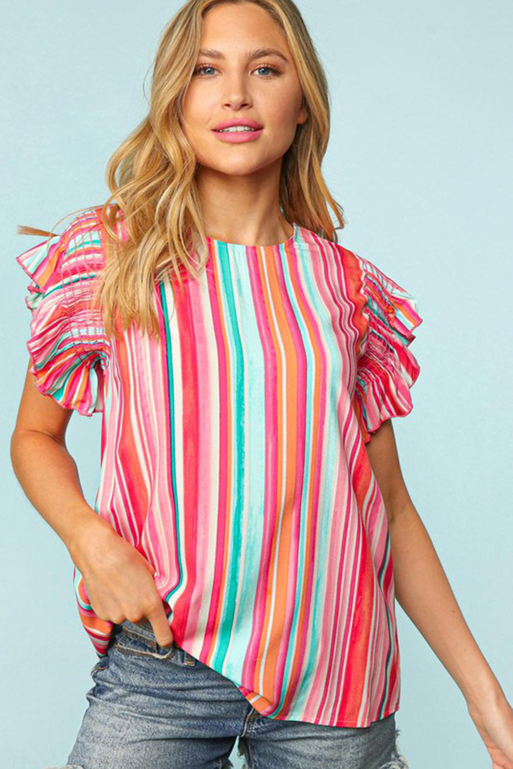 Stripe Abstract Print Stitching Ruffle Sleeve Blouse