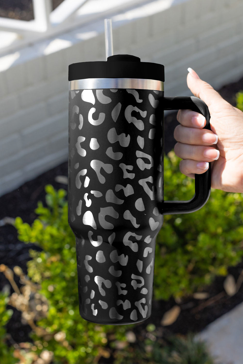 Green Leopard Print 40oz Stainless Steel Portable Cup with Handle