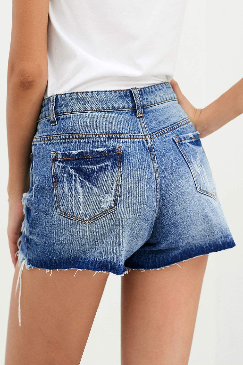 Sky Blue Button-fly High Rise Distressed Denim Shorts