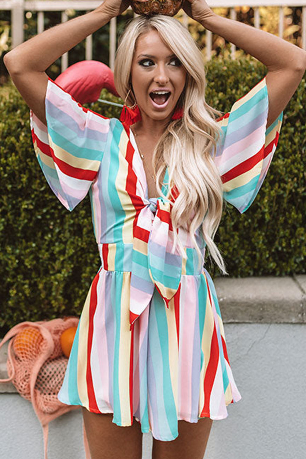 Multicolor Stripe Print Tie V Neck Flowy Romper