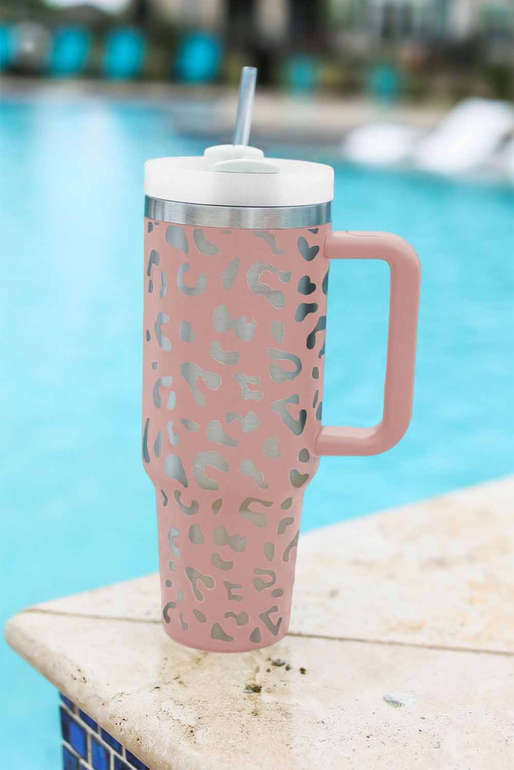 Pink Leopard Print 40oz Stainless Steel Portable Cup with Handle