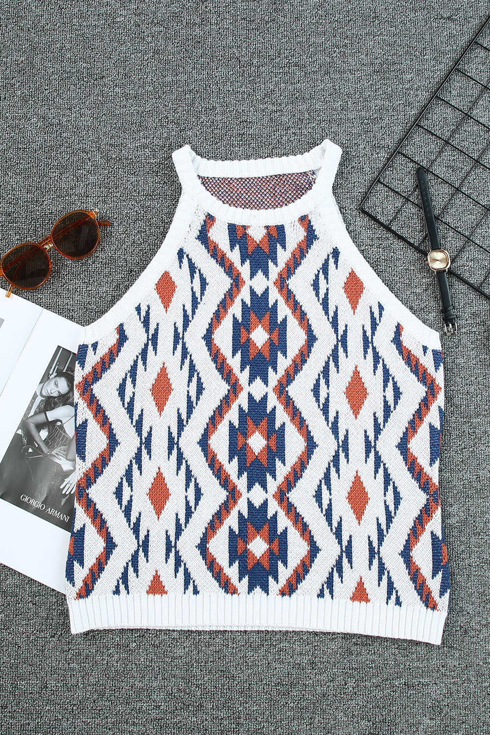 White Aztec Geometric Print Knitted Tank Top