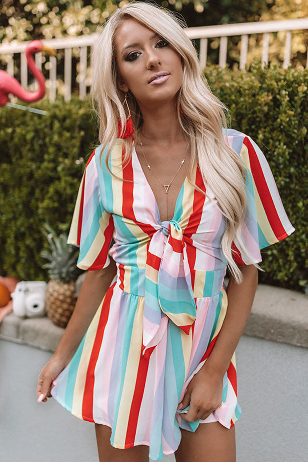 Multicolor Stripe Print Tie V Neck Flowy Romper