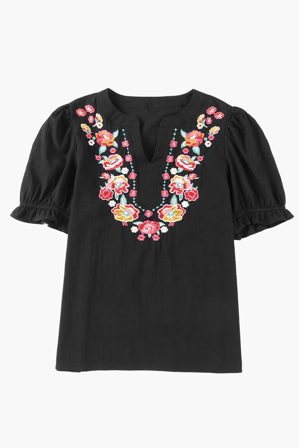 White Floral Embroidered Ruffled Puff Sleeve Blouse