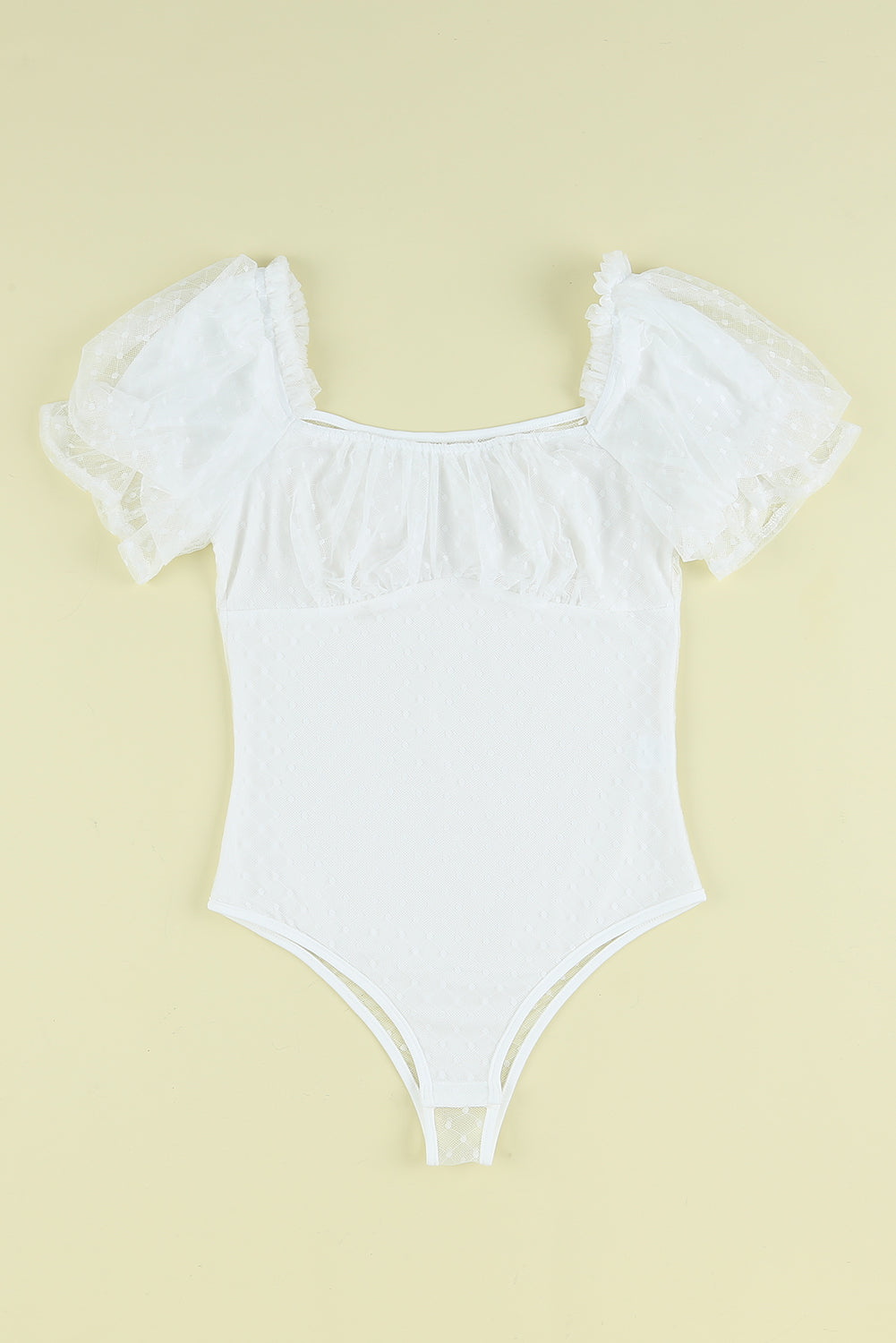 White Polka Dot Mesh See-through Ruffled Square Neck Bodysuit