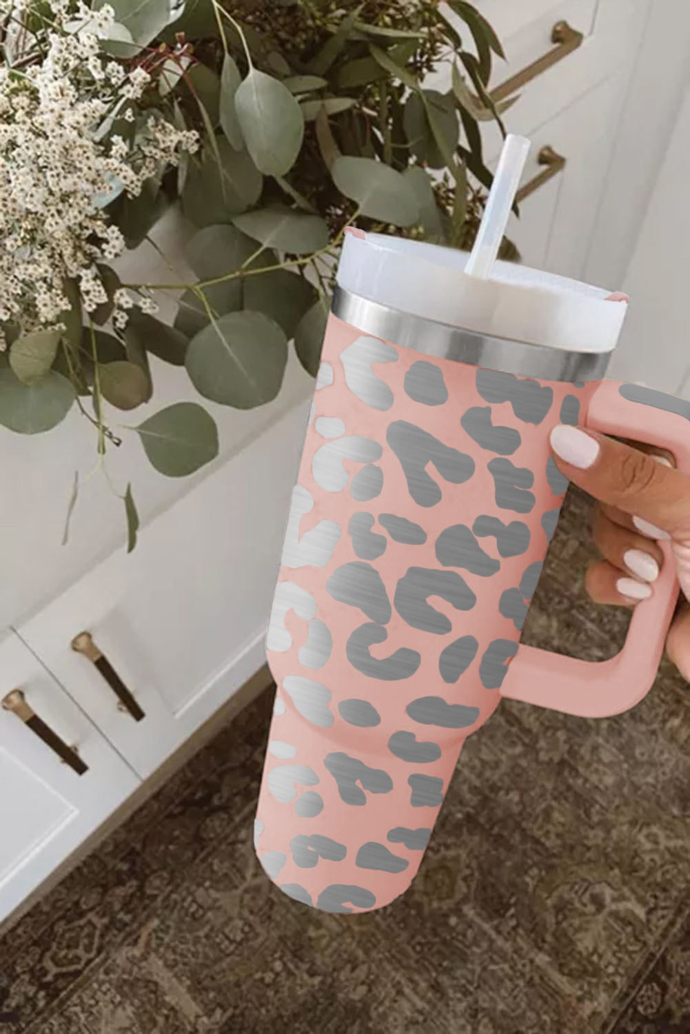 Pink Leopard Print 40oz Stainless Steel Portable Cup with Handle