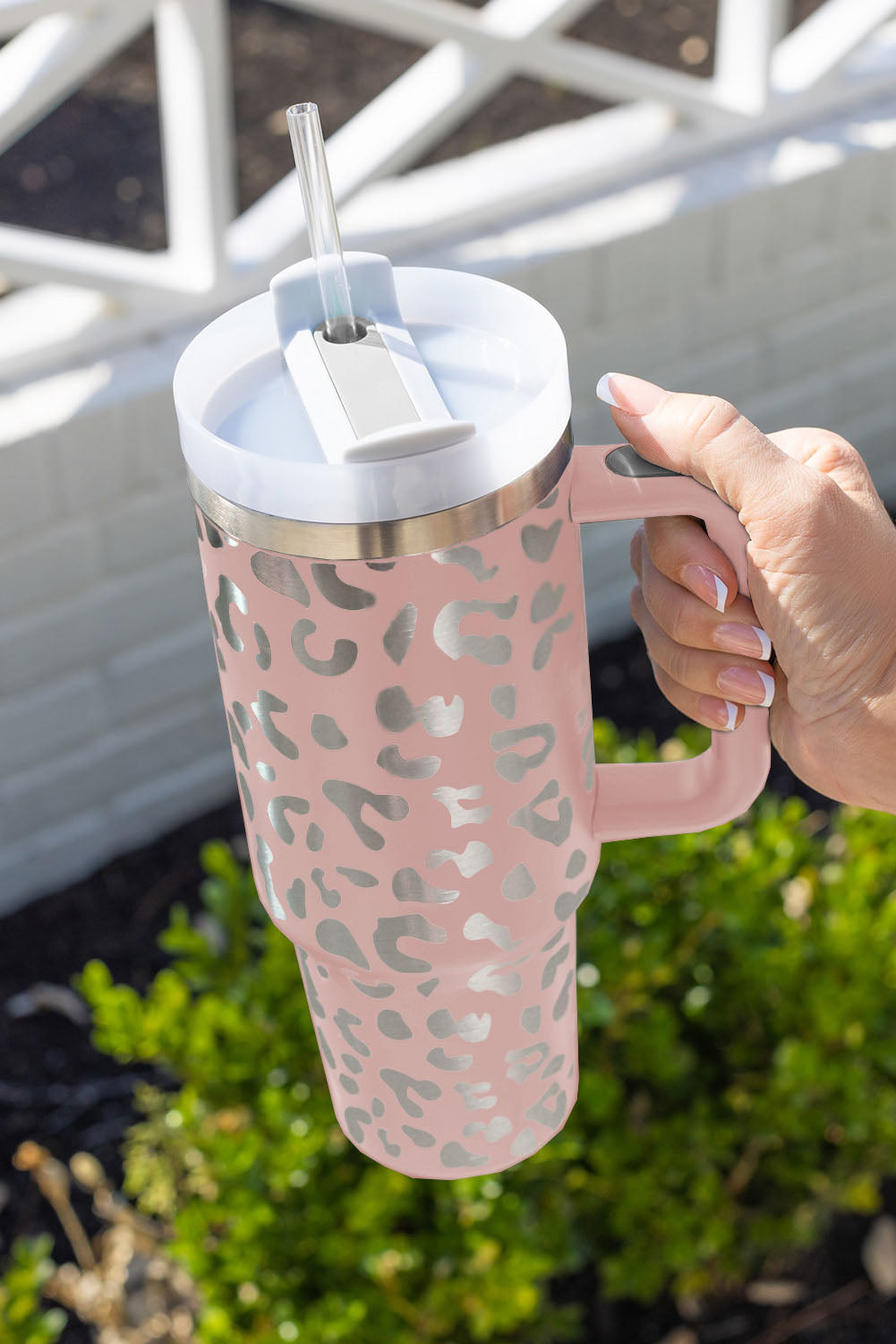 Pink Leopard Print 40oz Stainless Steel Portable Cup with Handle