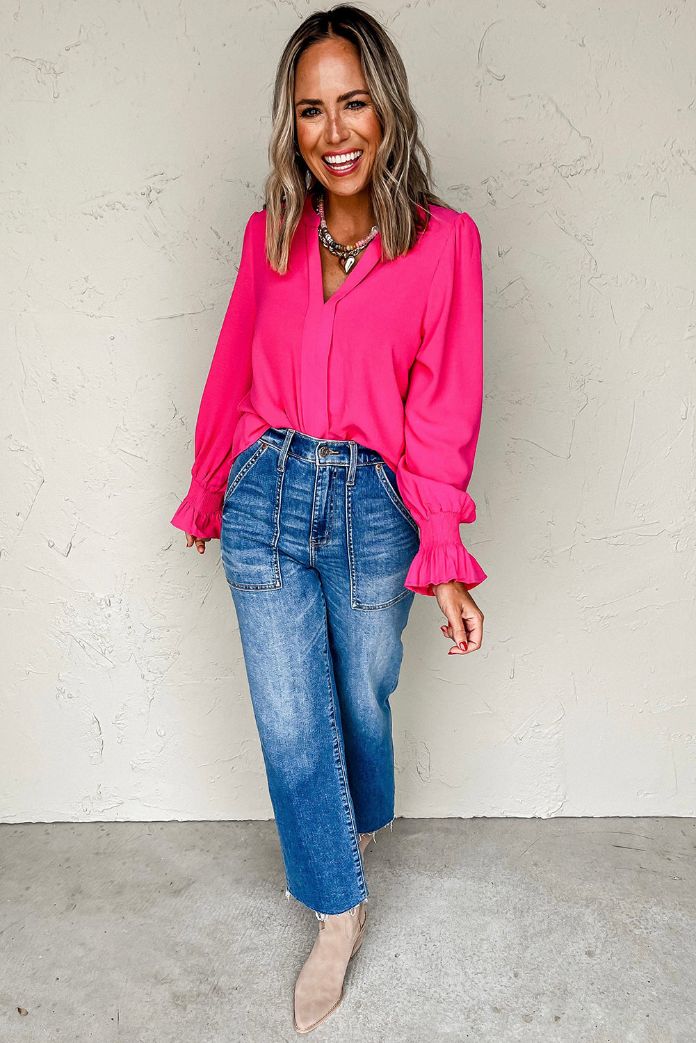 Rose Red Solid Color Shirred Cuff Notch V Neck Blouse