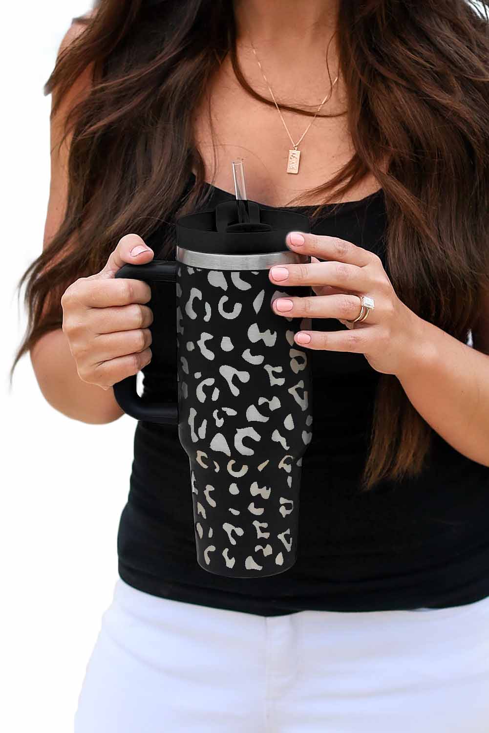 Green Leopard Print 40oz Stainless Steel Portable Cup with Handle