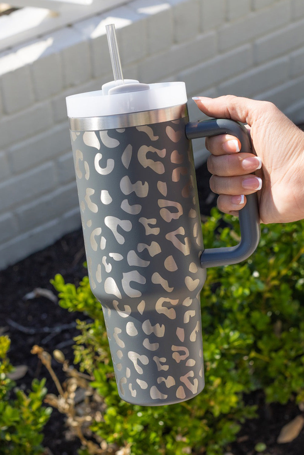 Gray Leopard Print 40oz Stainless Steel Portable Cup with Handle