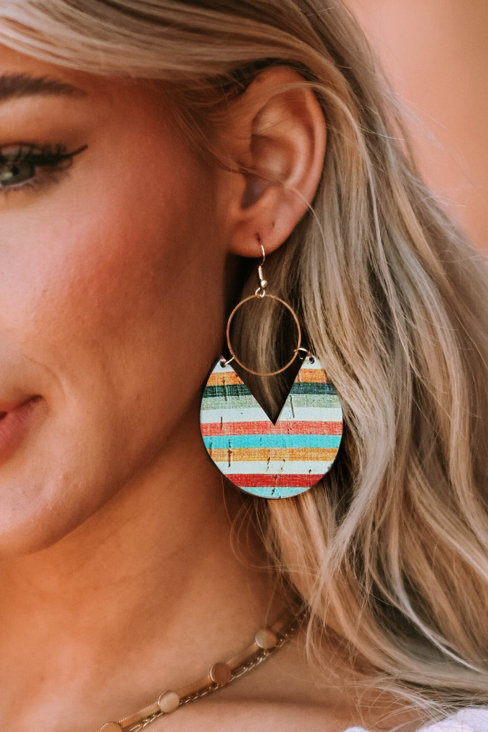 Multicolor Rainbow Stripe Pattern Notch Round Wooden Pendant Earrings