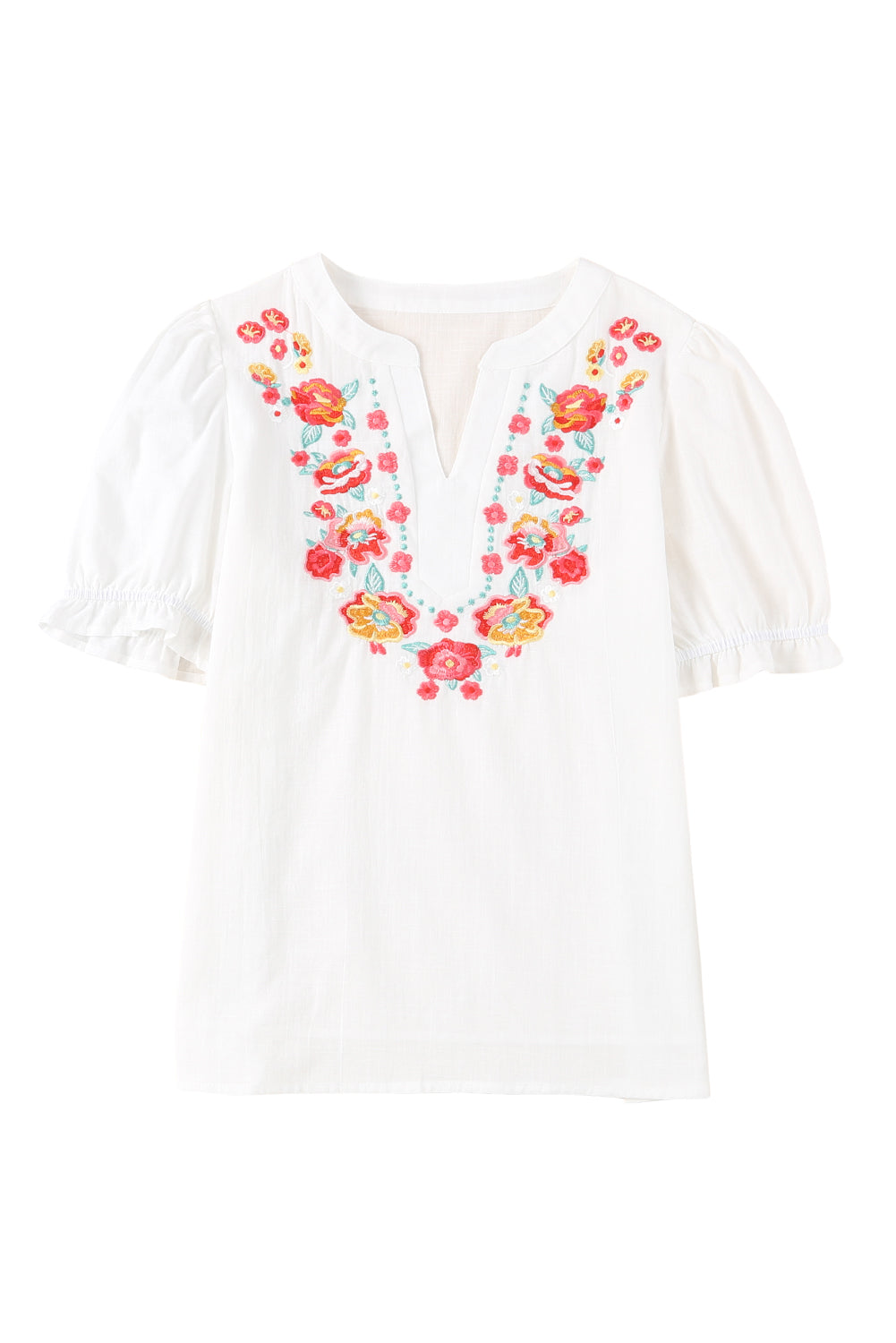 White Floral Embroidered Ruffled Puff Sleeve Blouse