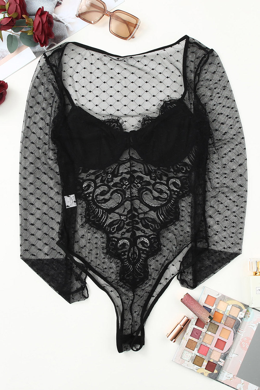 Black Long Sleeve Mesh Lace Bralette Bodysuit