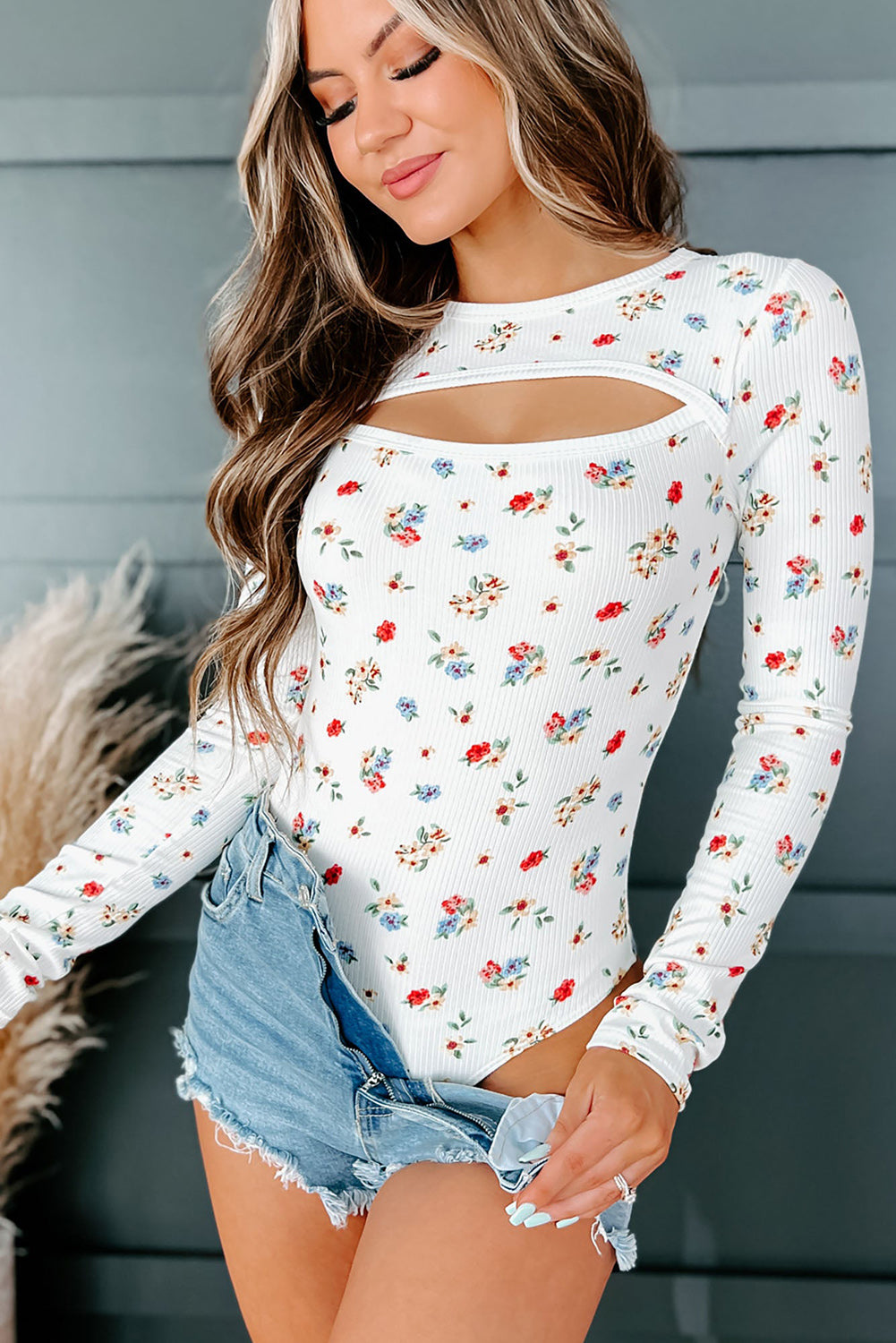 White Long Sleeve Cut-out Floral Bodysuit